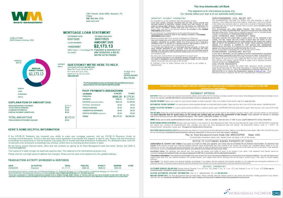 USA Waste Management bank mortgage loan statement in Word and PDF formats , 4 pages 1 2